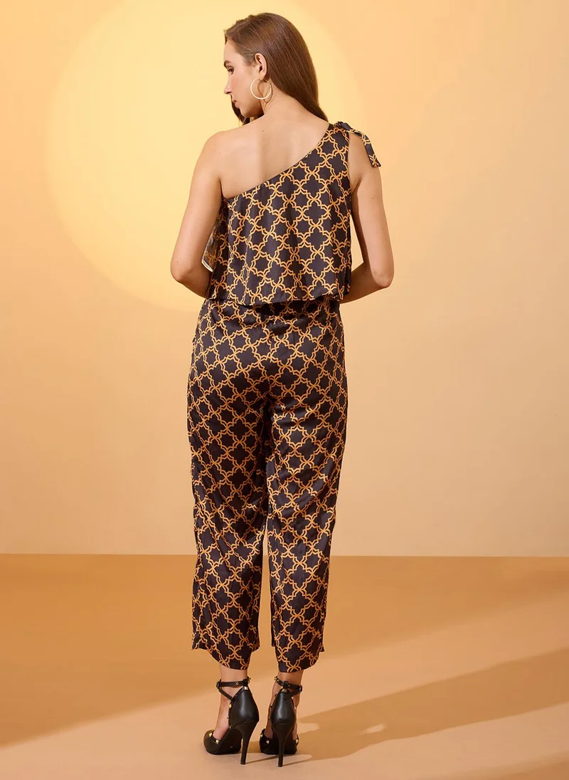globus Black Globus Women Black Tie-Up One Shoulder Abstract Print Wide Leg Party Jumpsuit for Women | Best Price UAE